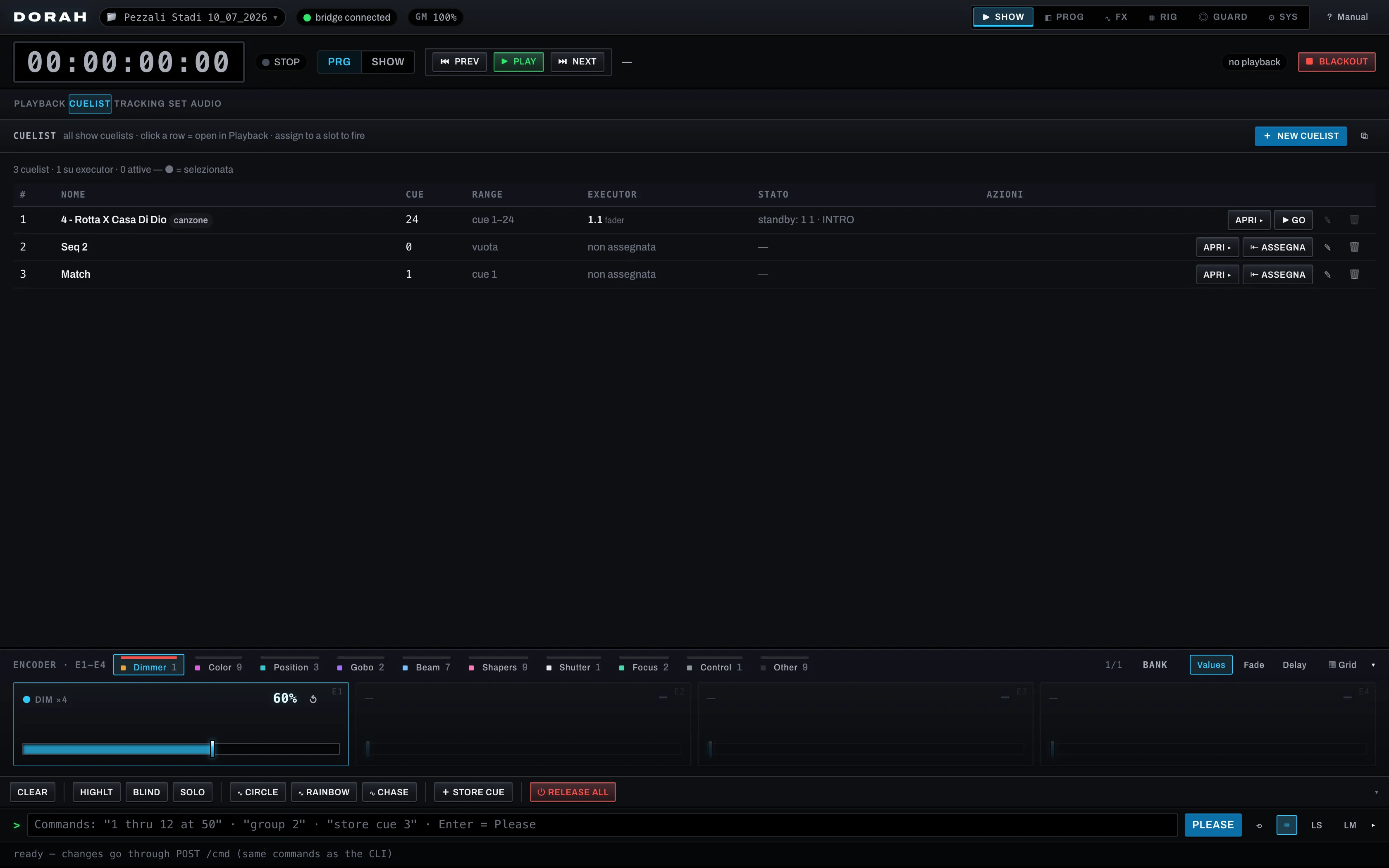 DORAH Cuelist view: inventory of all sequences in the show with open and assign actions
