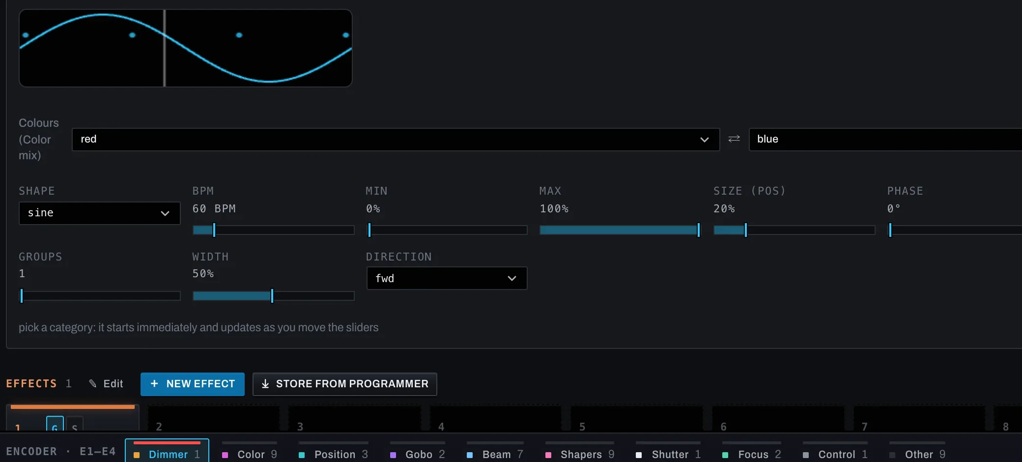 Detail of the live effects engine: a sine wave at 60 BPM with size, phase and wing sliders