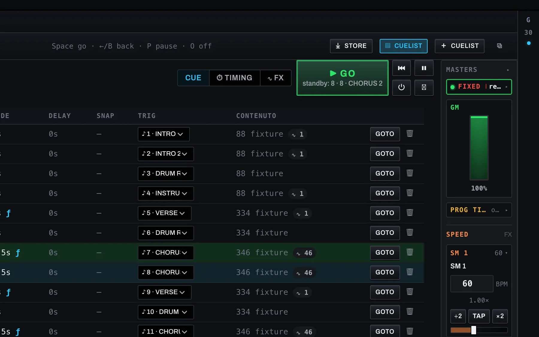 Detail of the Playback view: the cue sheet with the green GO key in standby and the masters column