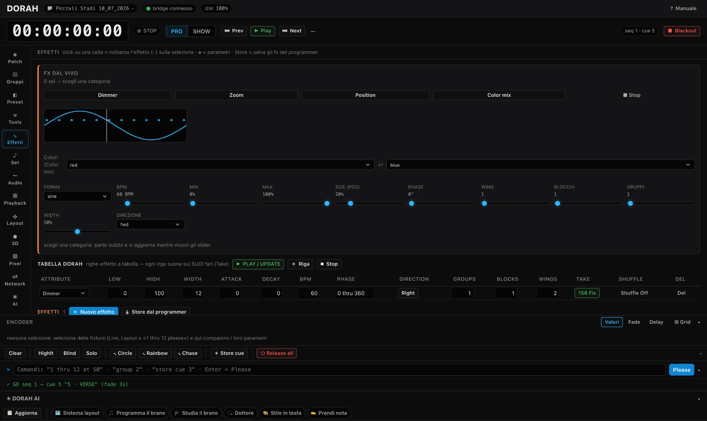 DORAH Effects view: live FX panel with waveform preview and BPM sliders, plus the table effects engine below