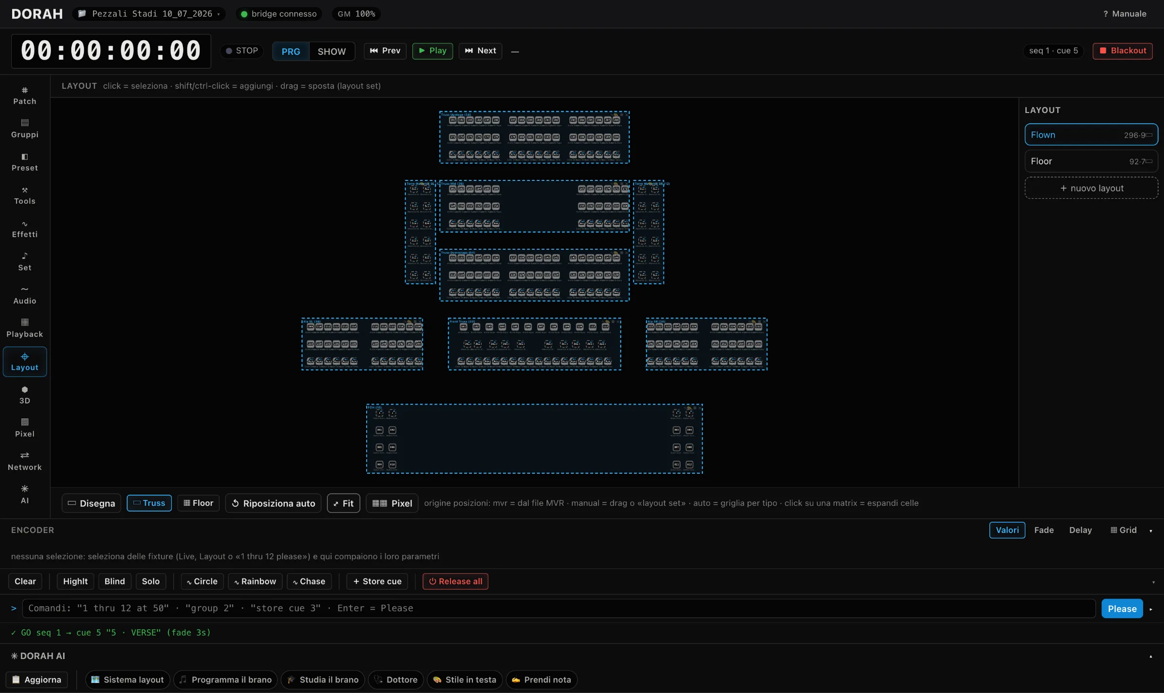 DORAH Layout view: the stadium rig with labelled trusses and towers, imported from MVR