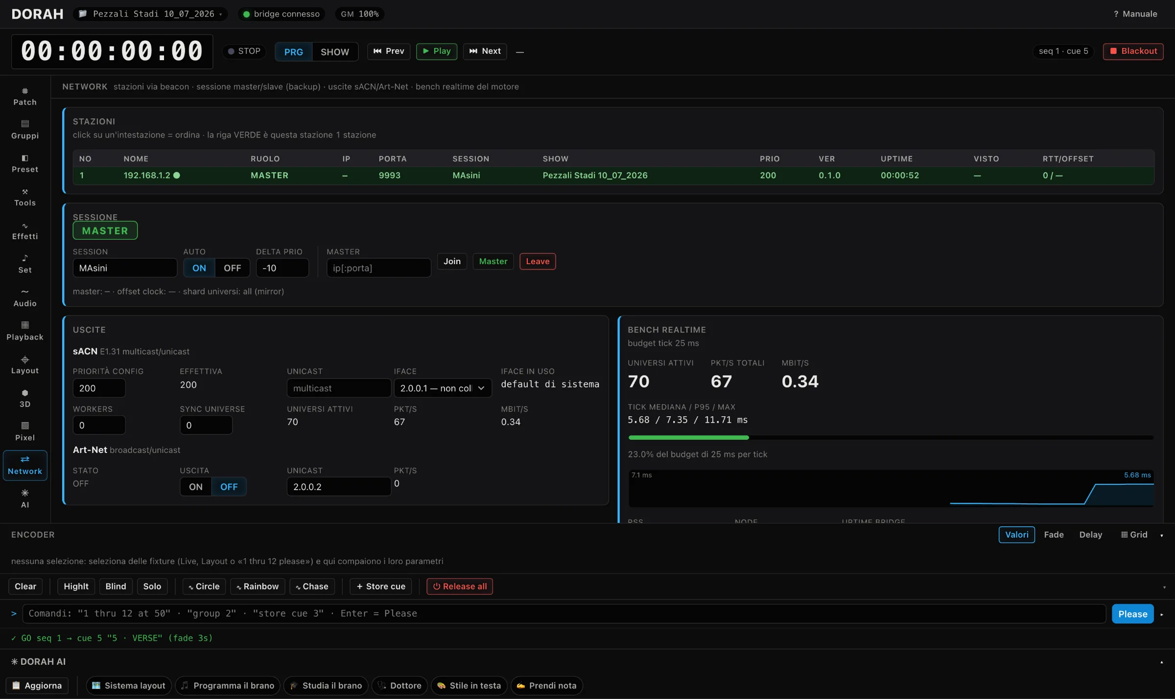DORAH Network view: stations table, master/backup session controls, sACN and Art-Net outputs, realtime engine bench at 70 universes
