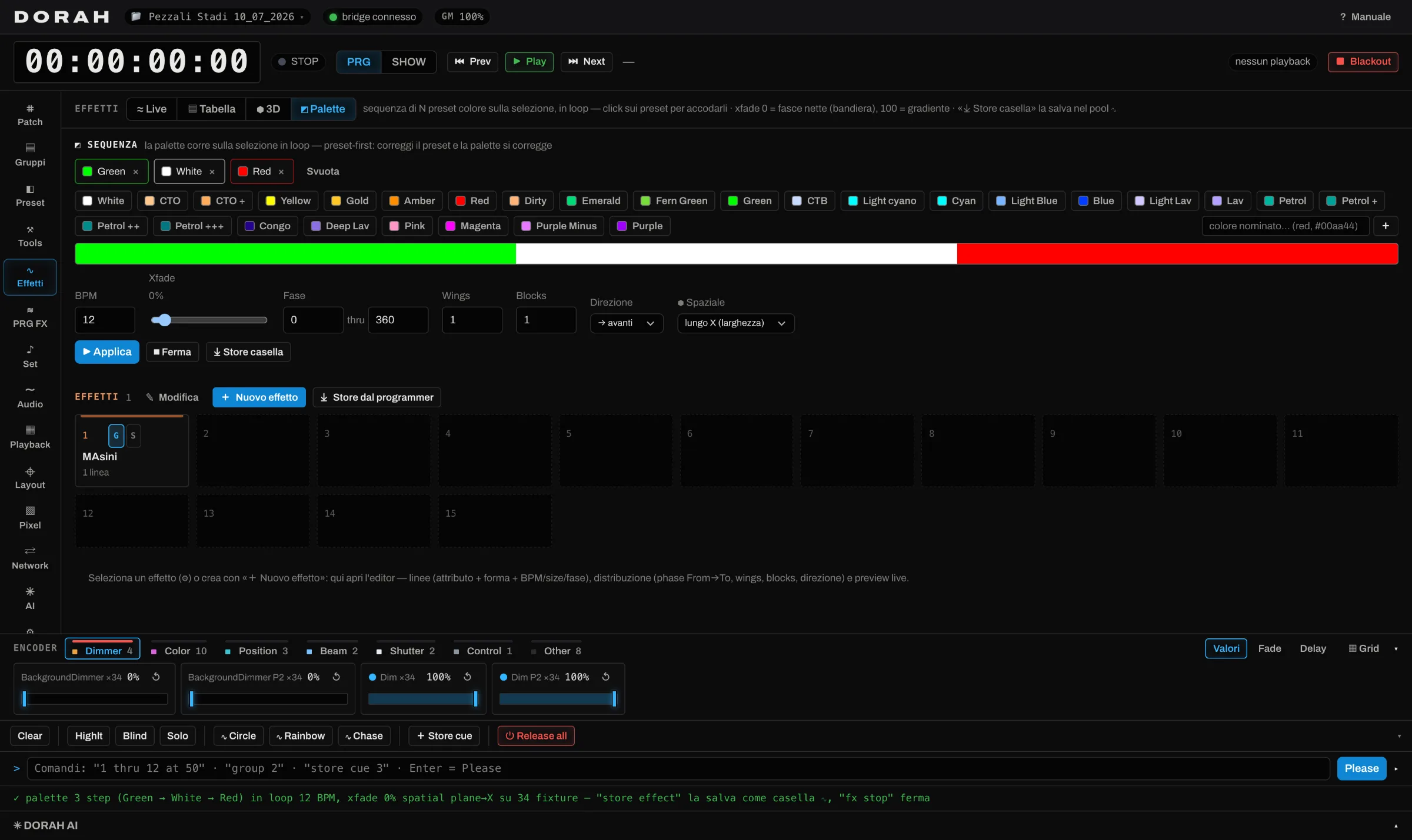 DORAH Effects view on the Palette tab: a green, white and red preset sequence with the banded tricolore preview, the strip of the show's colour presets, and BPM, xfade and spatial controls