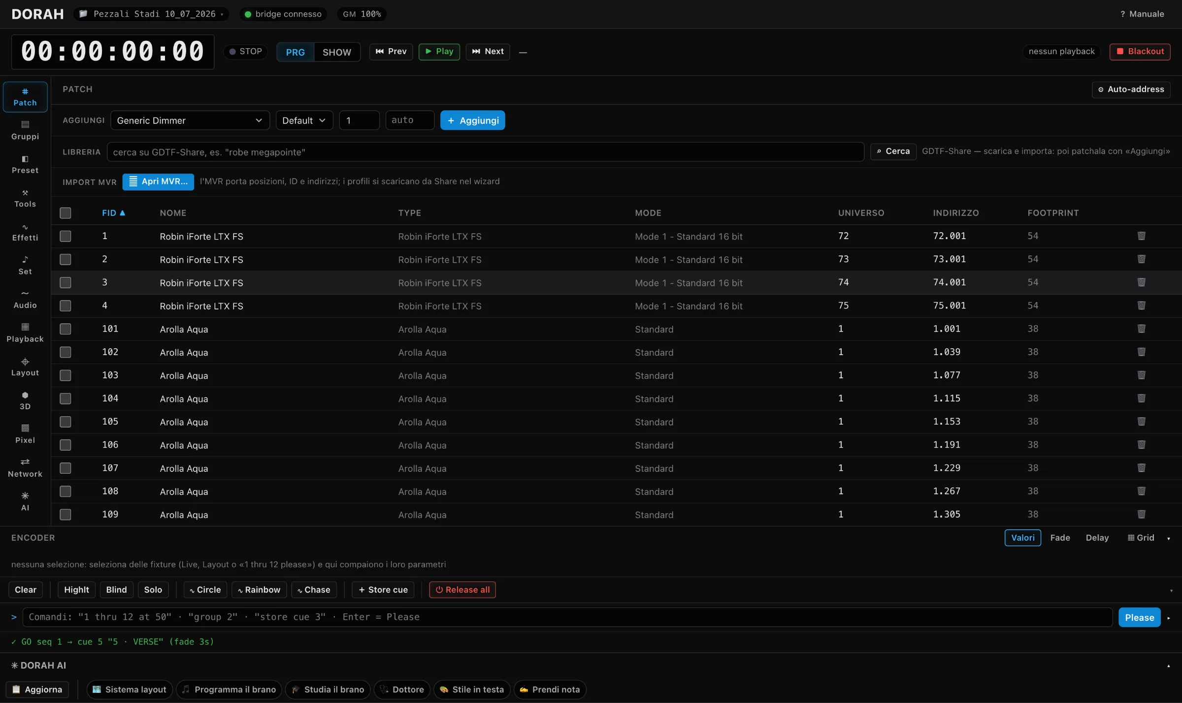 DORAH Patch view: fixture table with types, modes, universes and addresses, GDTF library search and MVR import