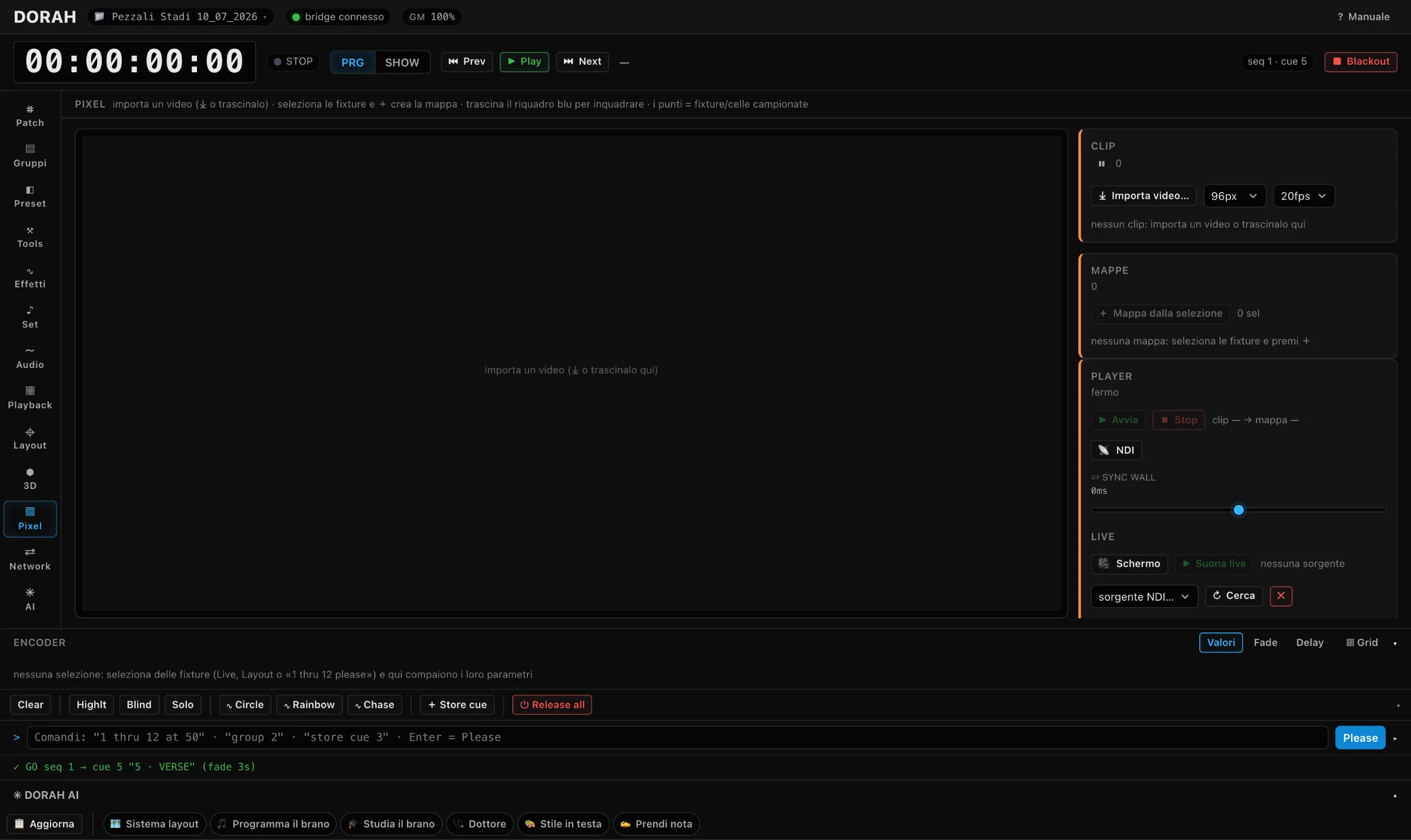 DORAH Pixel view: video-to-rig pixel mapping with clip import, NDI live input, UV maps and sync controls