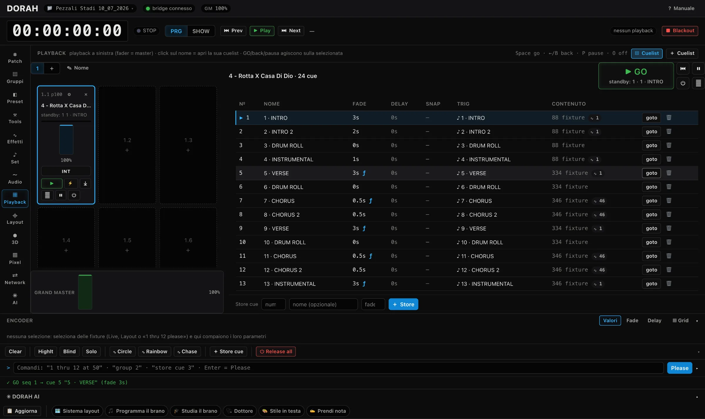 DORAH Playback view: a 24-cue cuelist with fades, follows and per-cue effects, the green GO button on standby