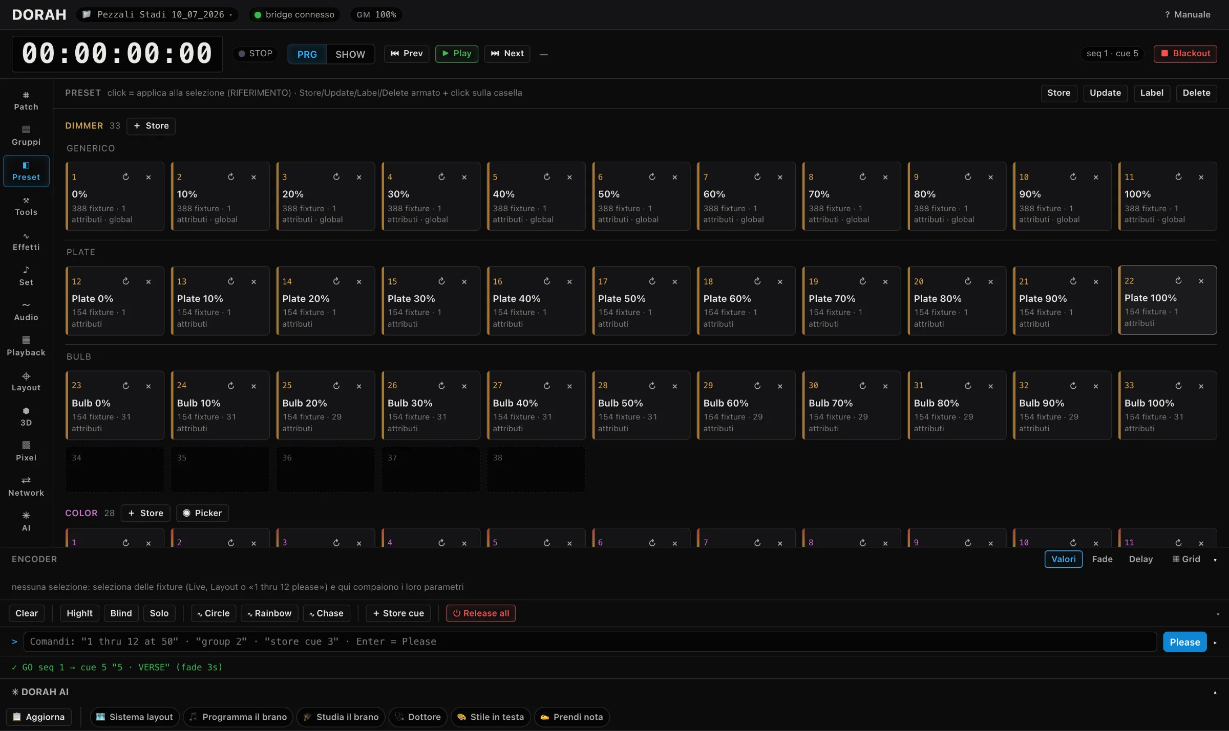 DORAH Preset view: dimmer, plate and bulb preset pools at every intensity step, built per machine type