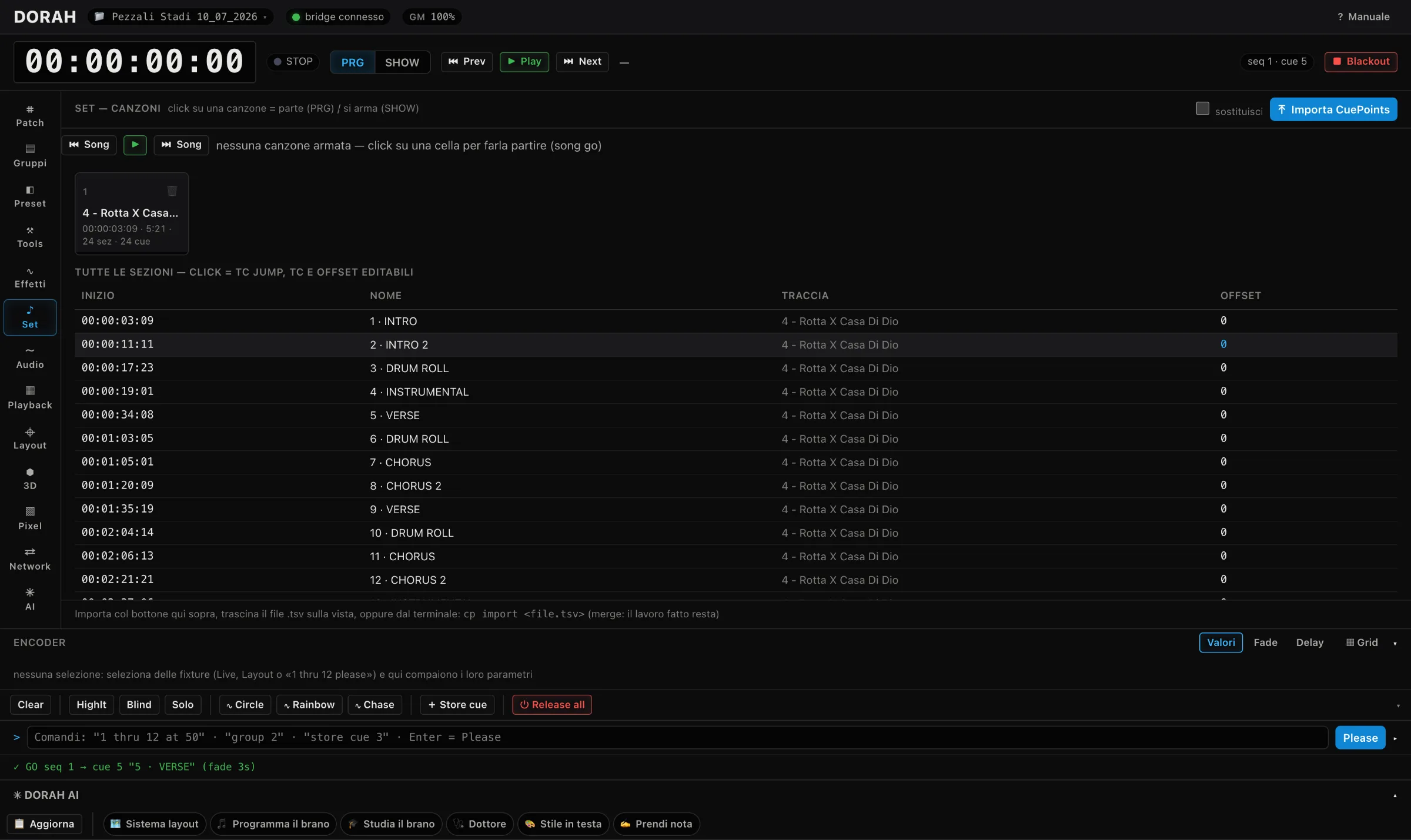 DORAH Set view: the song's sections with their timecode start times — click a row and the show jumps there