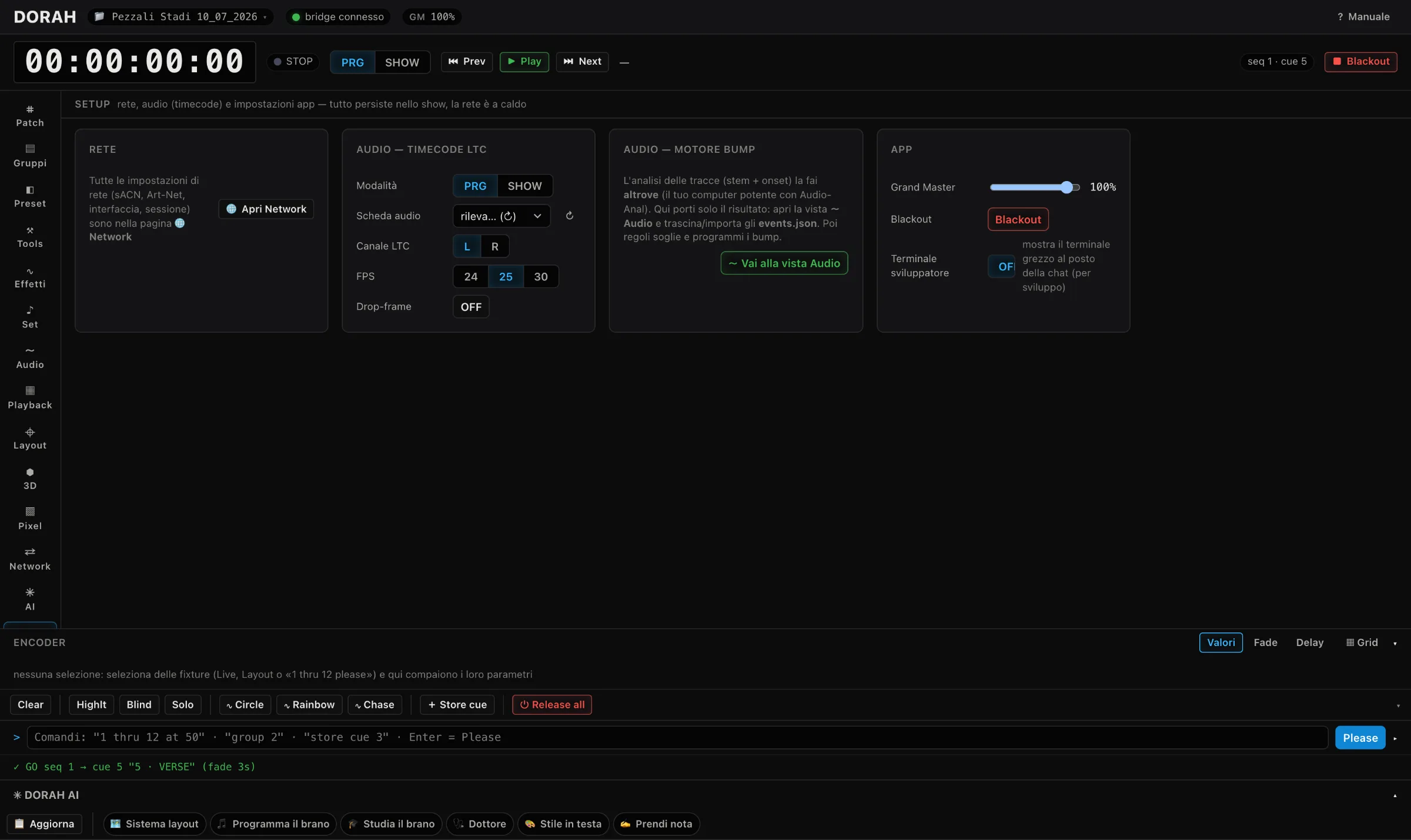 DORAH Setup view: LTC timecode settings with FPS and channel, audio device, network shortcut, grand master and blackout
