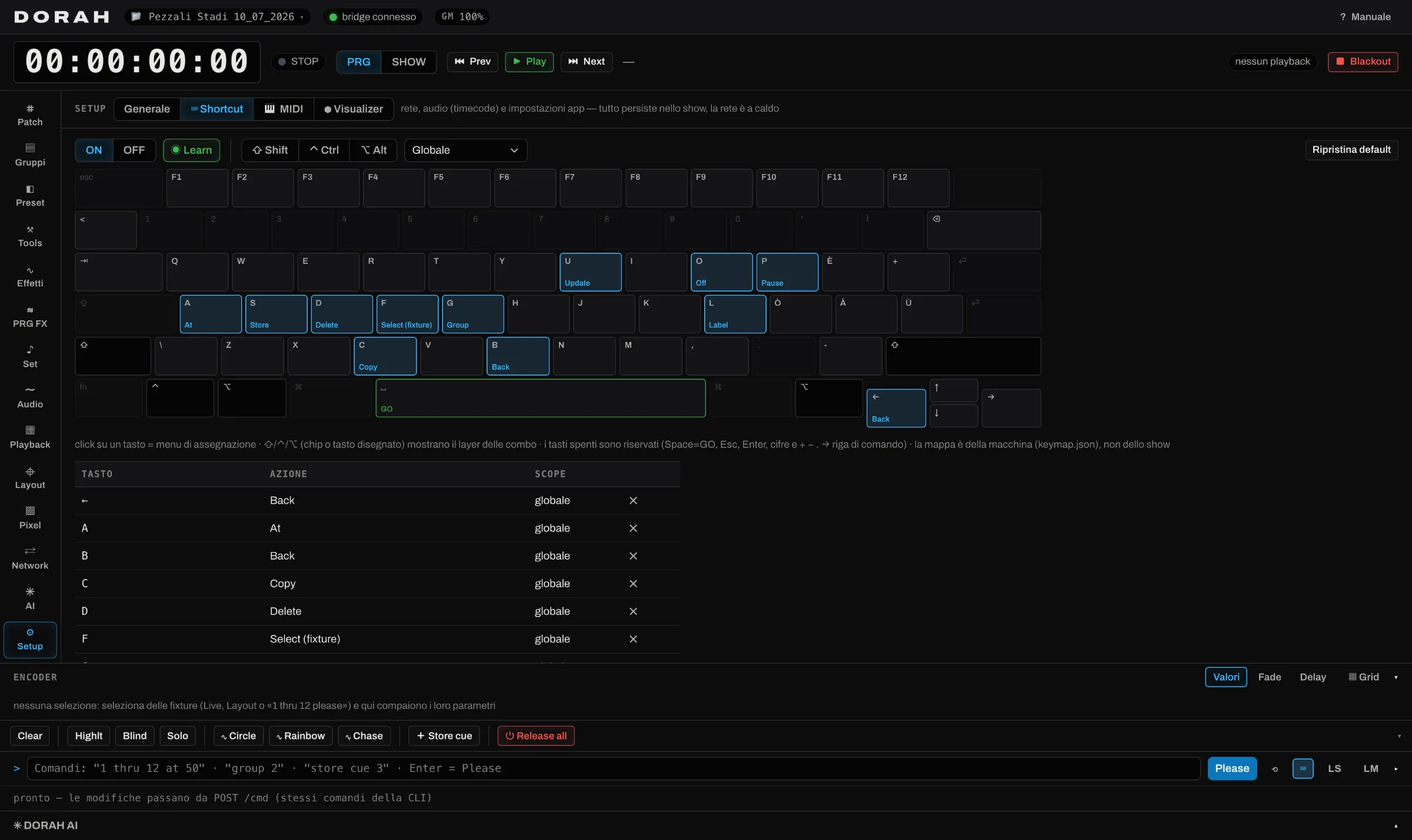 DORAH Setup Shortcut tab: the Mac keyboard drawn key by key with the mapped functions on each cap — Store, Update, Group, GO on Space — plus the learn key, modifier chips, scope selector and the bindings table