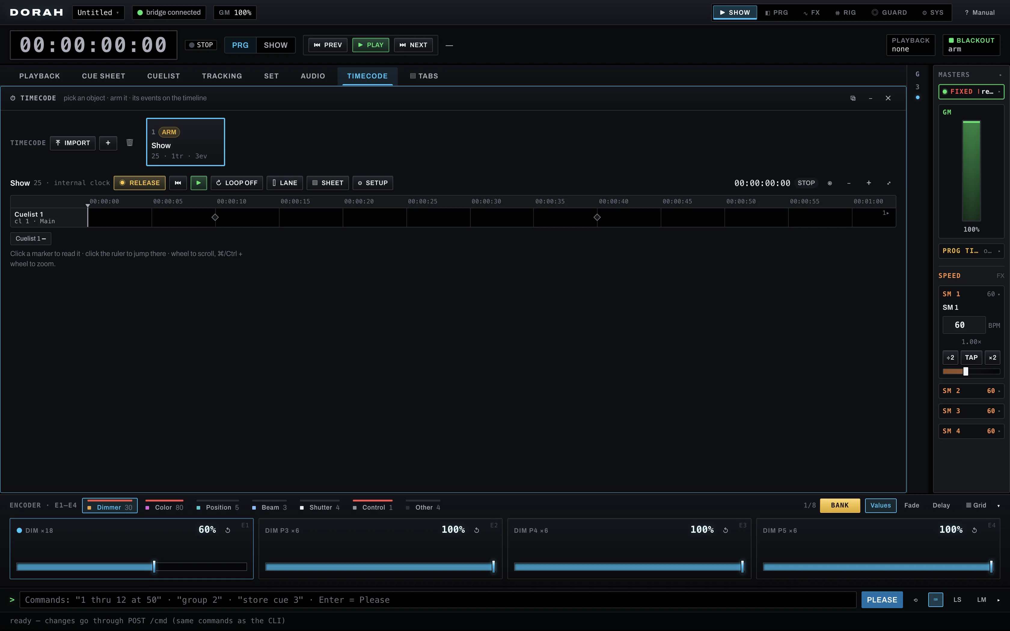 Timecode: a pool of objects with tracks and events on a timeline — the armed object runs the show clock