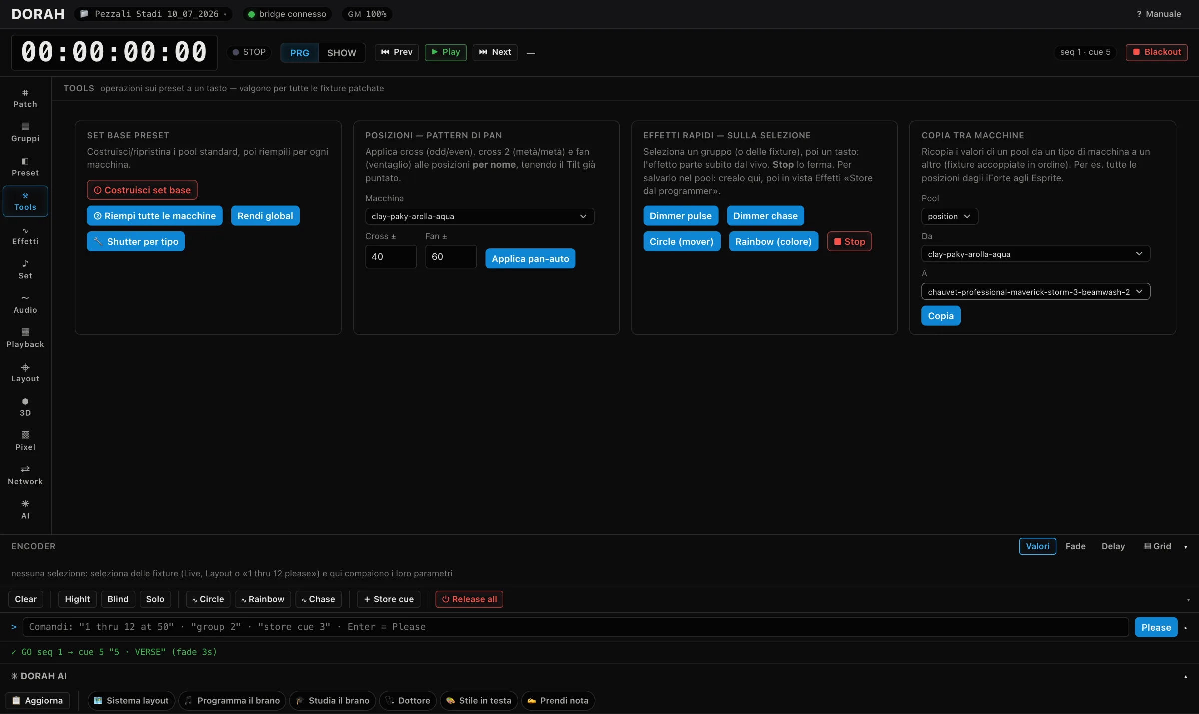 DORAH Tools view: one-key operations to build base preset pools, apply pan patterns, quick effects and copy values between machine types