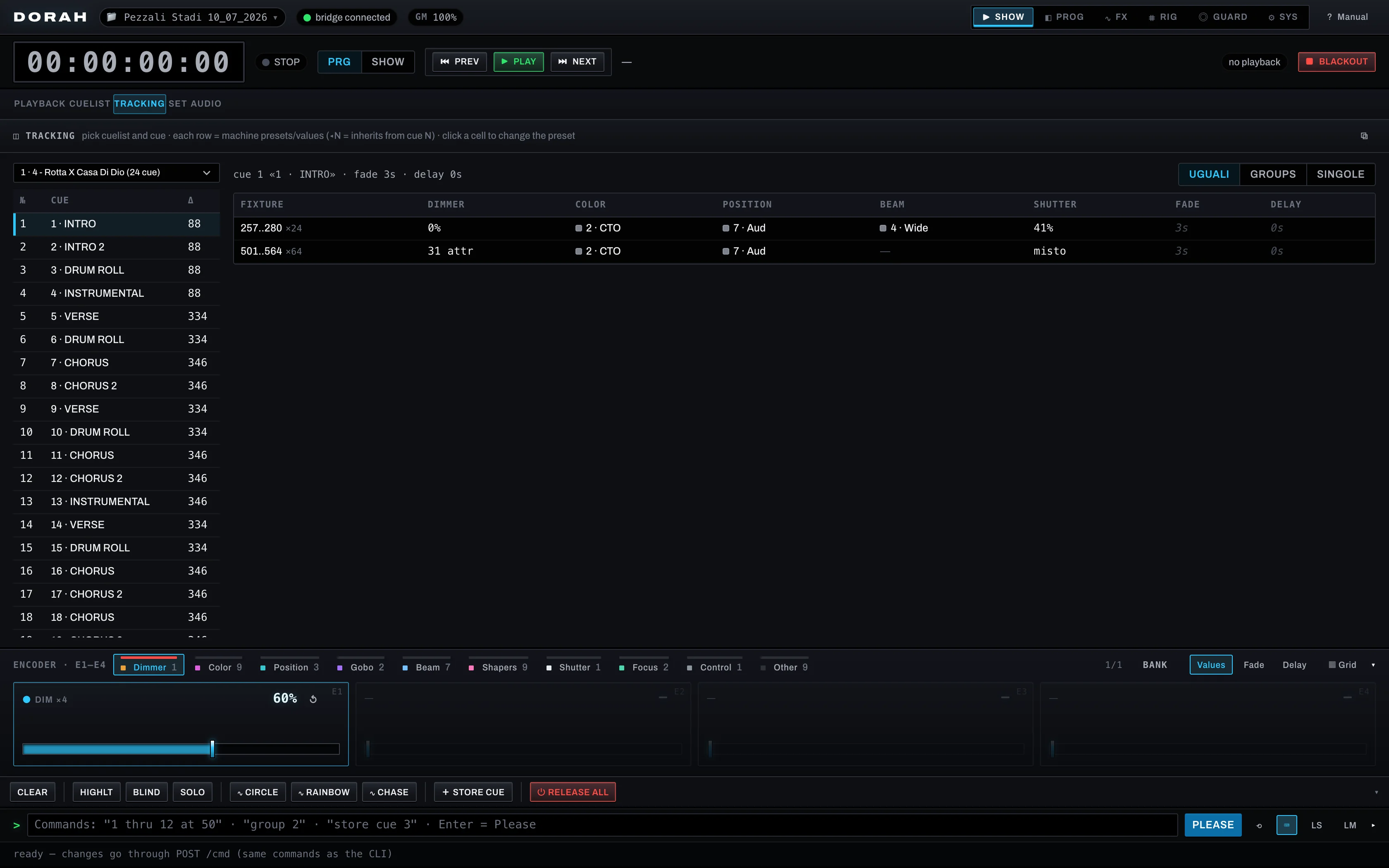 DORAH Tracking view: per-fixture cue content with tracking inheritance marks
